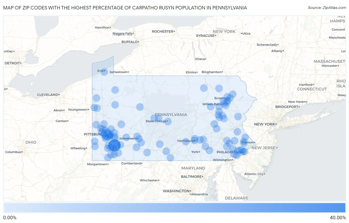 Zip Codes with the Highest Percentage of Carpatho Rusyn Population in Pennsylvania Map