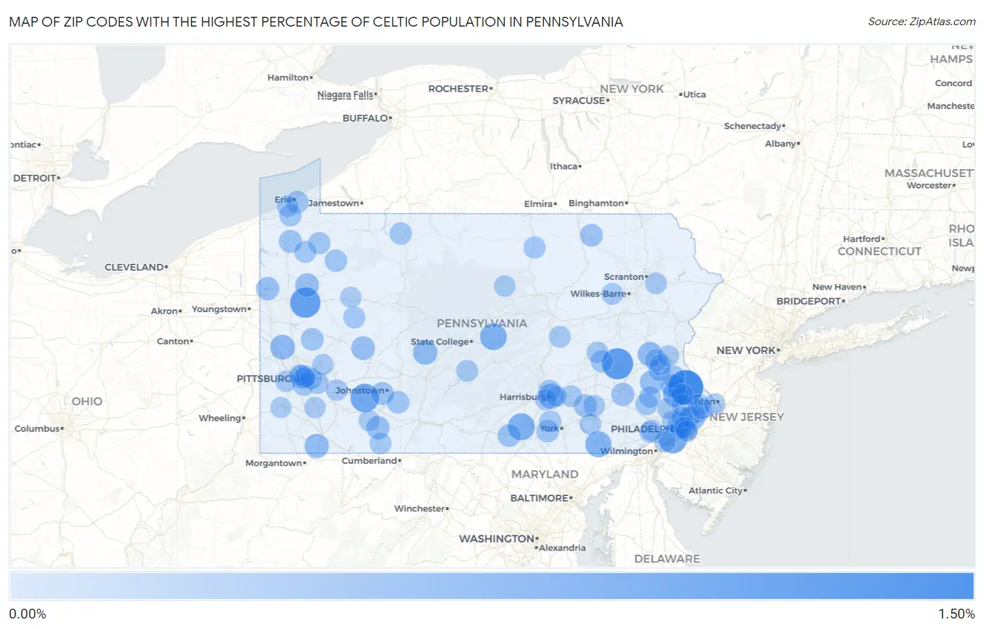 Zip Codes with the Highest Percentage of Celtic Population in Pennsylvania Map