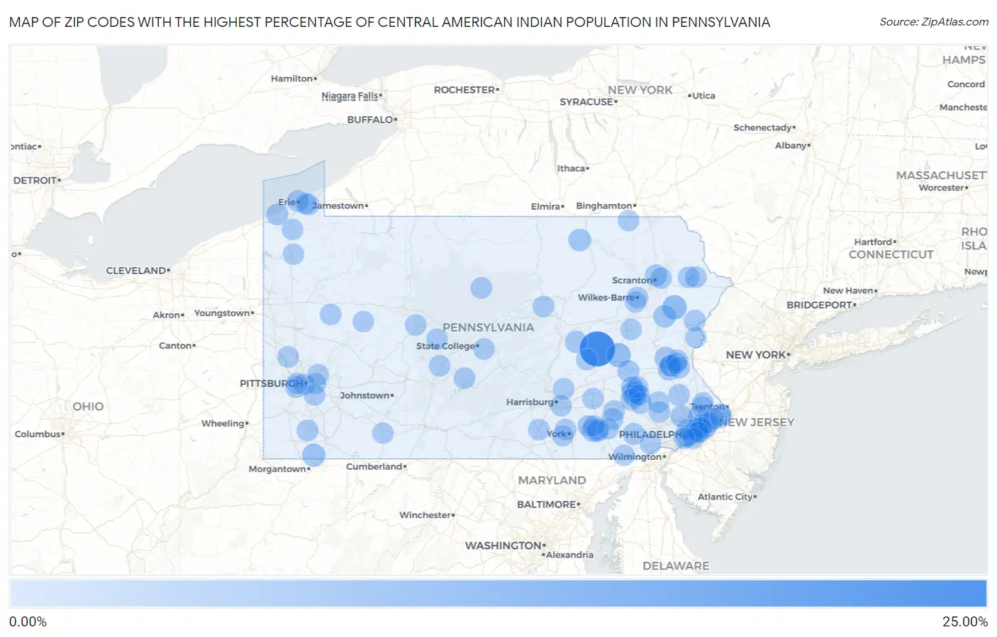 Zip Codes with the Highest Percentage of Central American Indian Population in Pennsylvania Map