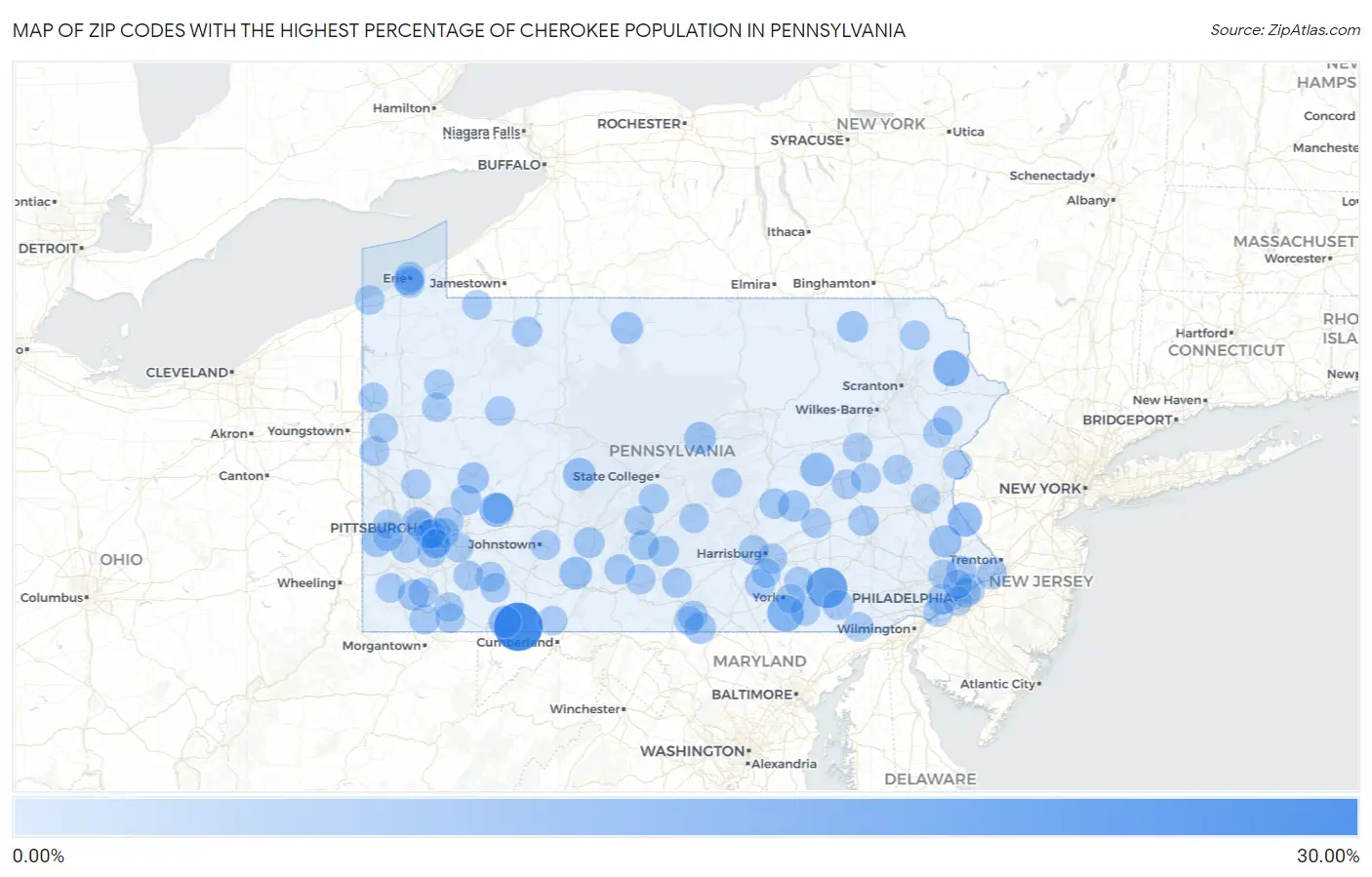 Zip Codes with the Highest Percentage of Cherokee Population in Pennsylvania Map