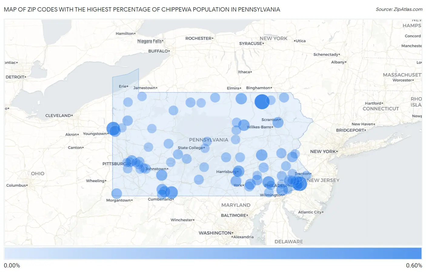 Zip Codes with the Highest Percentage of Chippewa Population in Pennsylvania Map