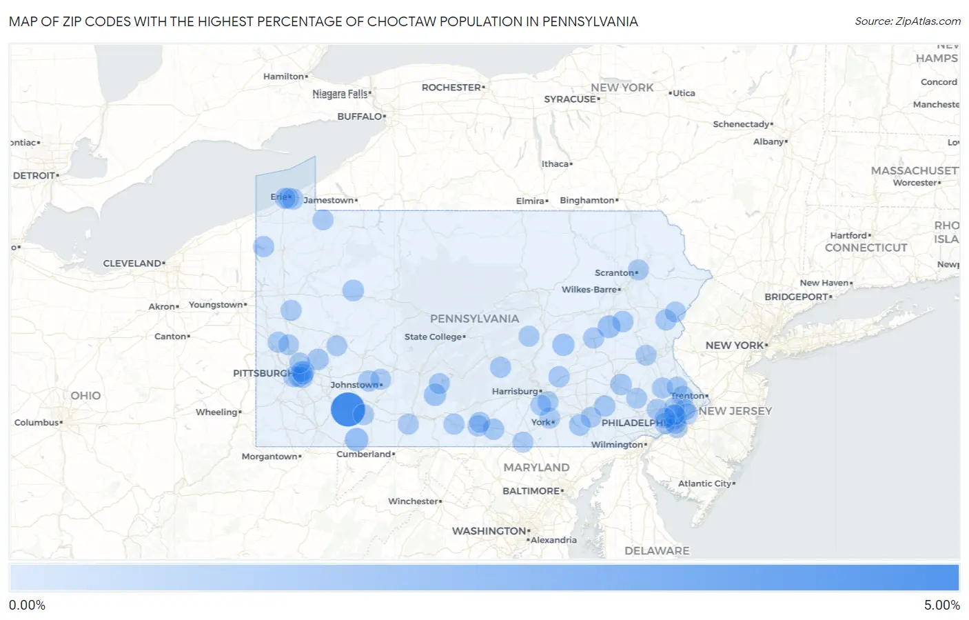 Zip Codes with the Highest Percentage of Choctaw Population in Pennsylvania Map