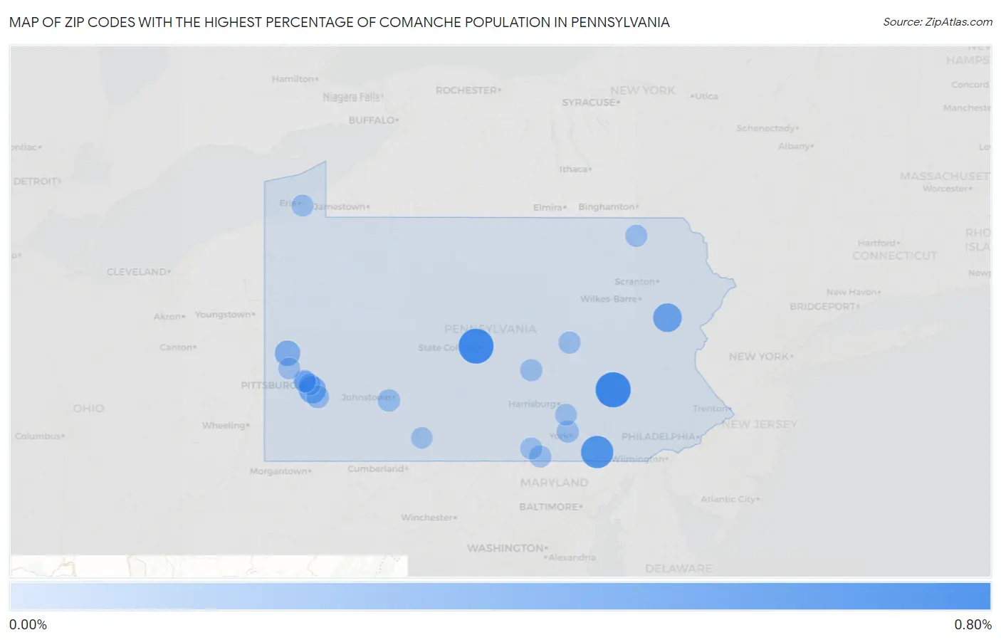 Zip Codes with the Highest Percentage of Comanche Population in Pennsylvania Map