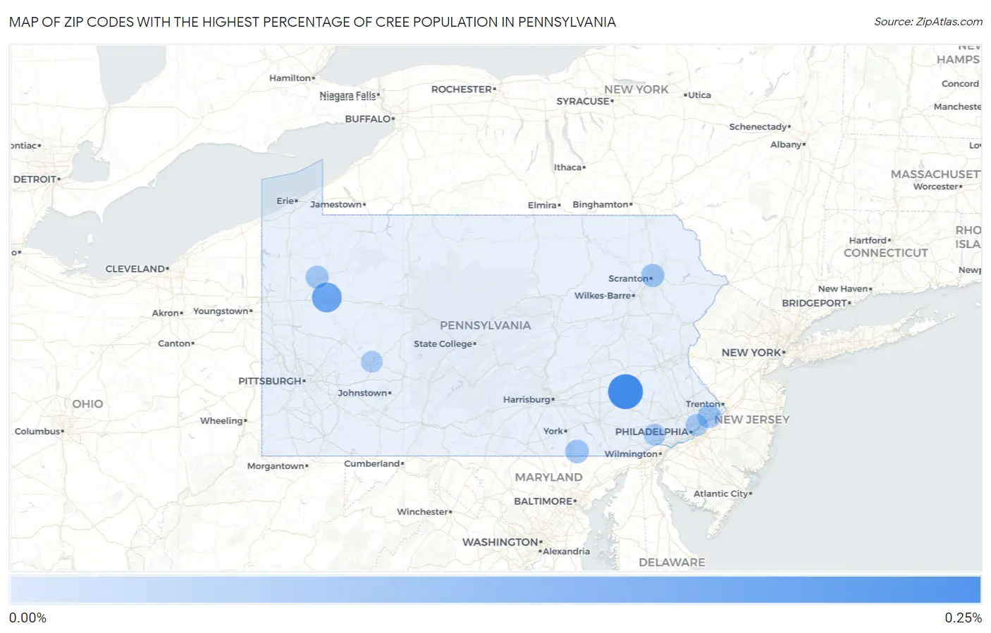 Zip Codes with the Highest Percentage of Cree Population in Pennsylvania Map