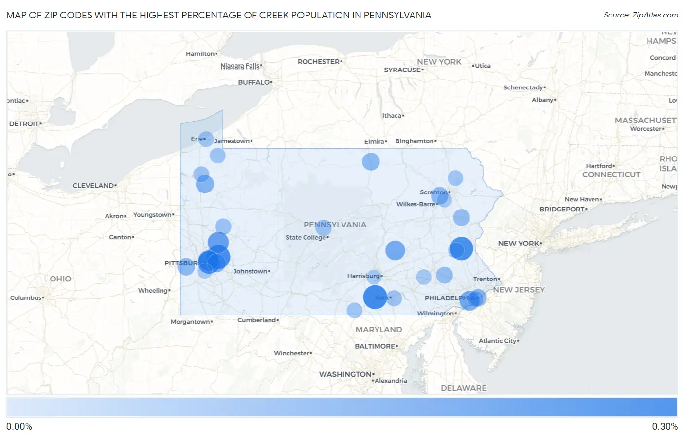 Zip Codes with the Highest Percentage of Creek Population in Pennsylvania Map