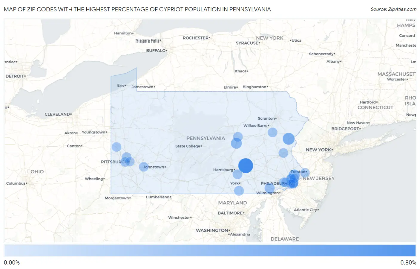 Zip Codes with the Highest Percentage of Cypriot Population in Pennsylvania Map