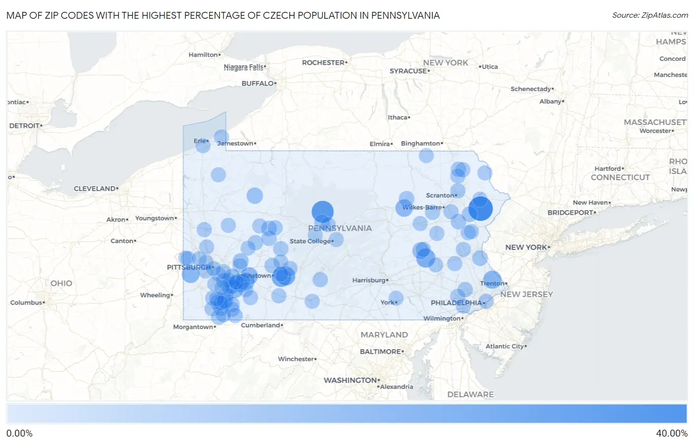 Zip Codes with the Highest Percentage of Czech Population in Pennsylvania Map