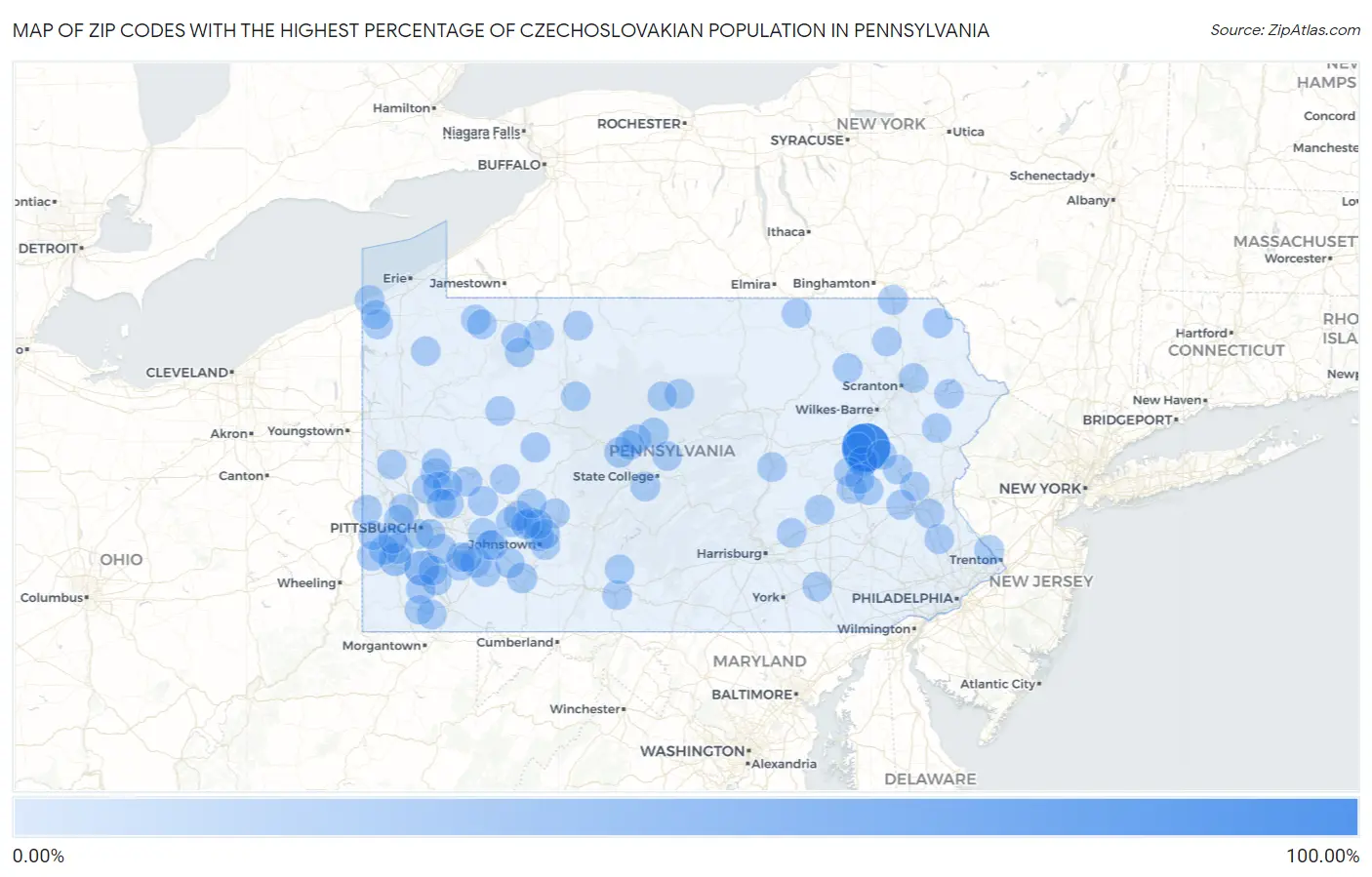 Zip Codes with the Highest Percentage of Czechoslovakian Population in Pennsylvania Map