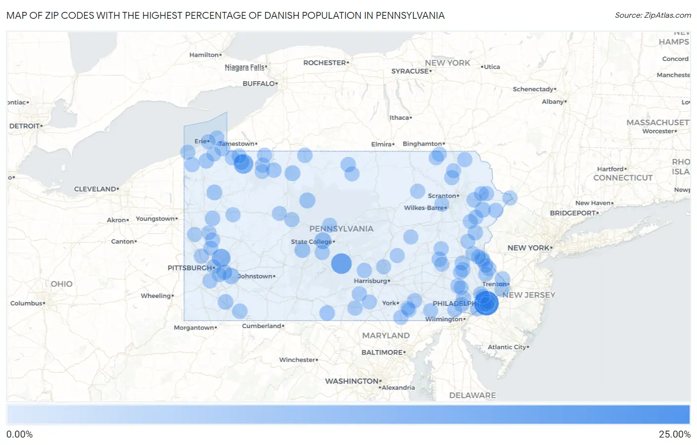 Zip Codes with the Highest Percentage of Danish Population in Pennsylvania Map