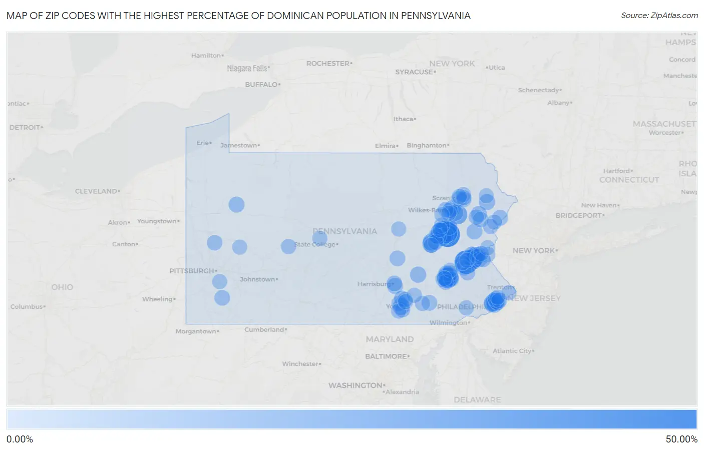 Zip Codes with the Highest Percentage of Dominican Population in Pennsylvania Map