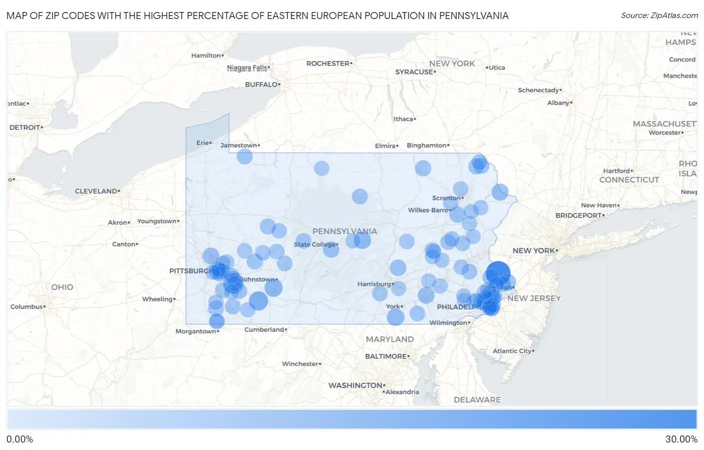 Zip Codes with the Highest Percentage of Eastern European Population in Pennsylvania Map