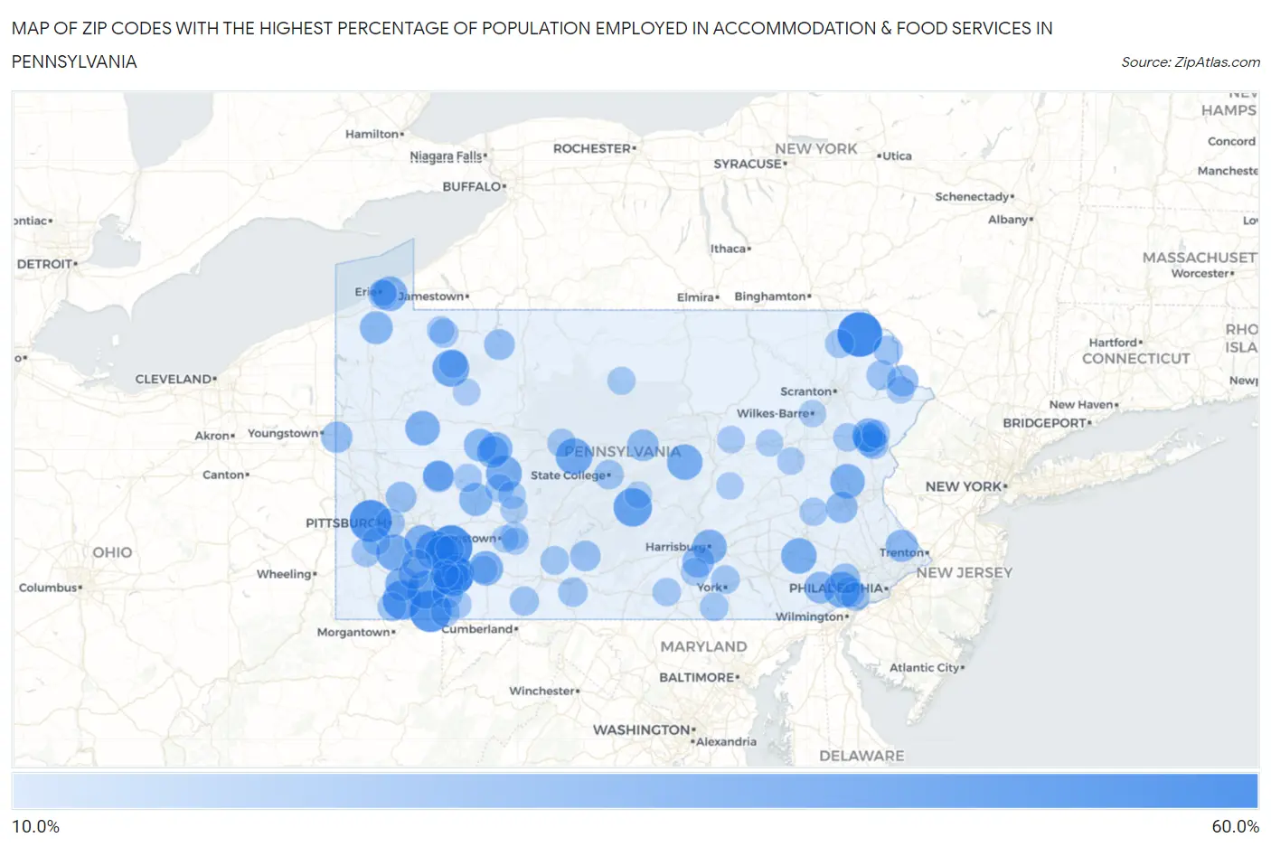 Zip Codes with the Highest Percentage of Population Employed in Accommodation & Food Services in Pennsylvania Map