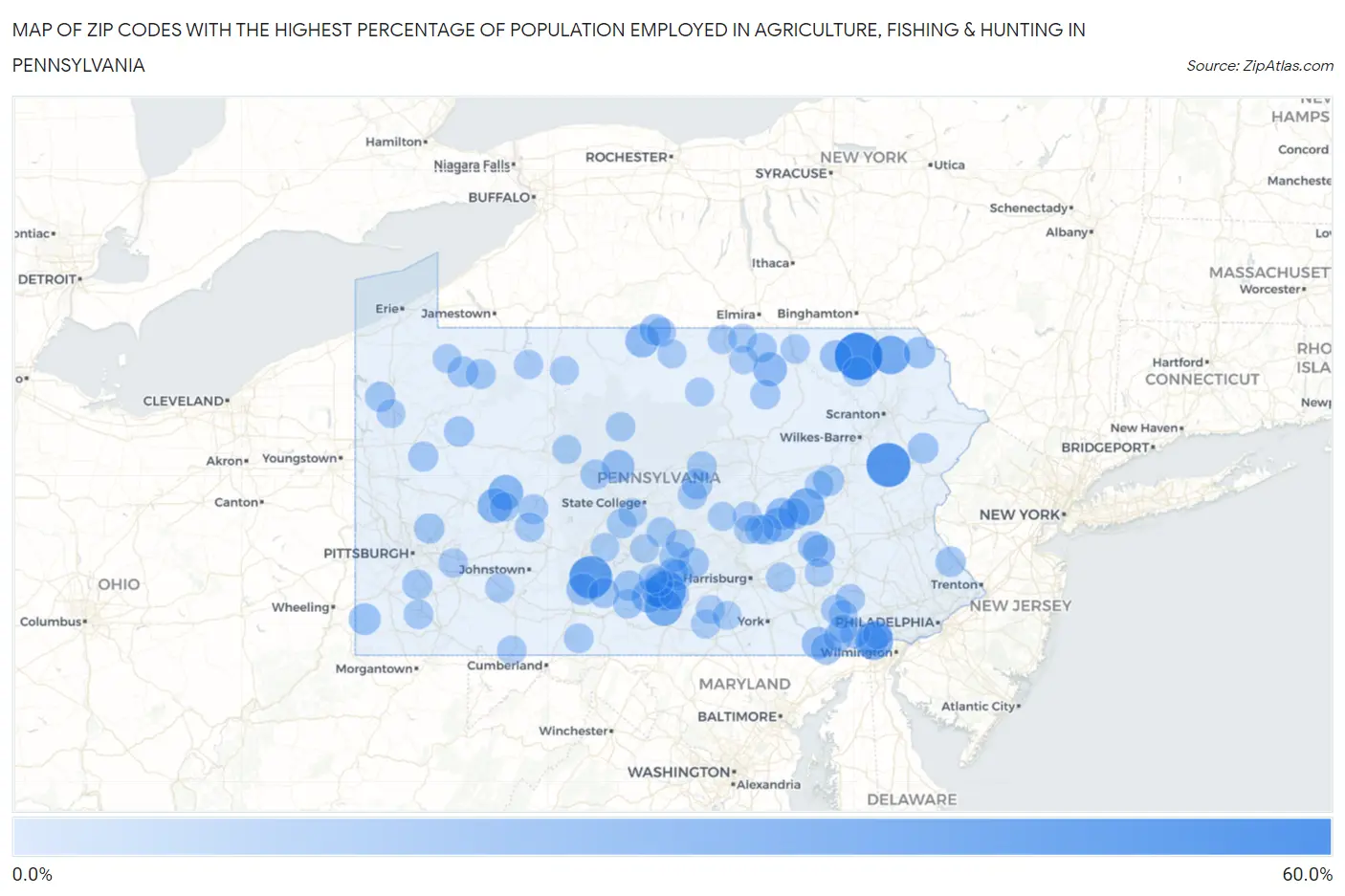 Zip Codes with the Highest Percentage of Population Employed in Agriculture, Fishing & Hunting in Pennsylvania Map
