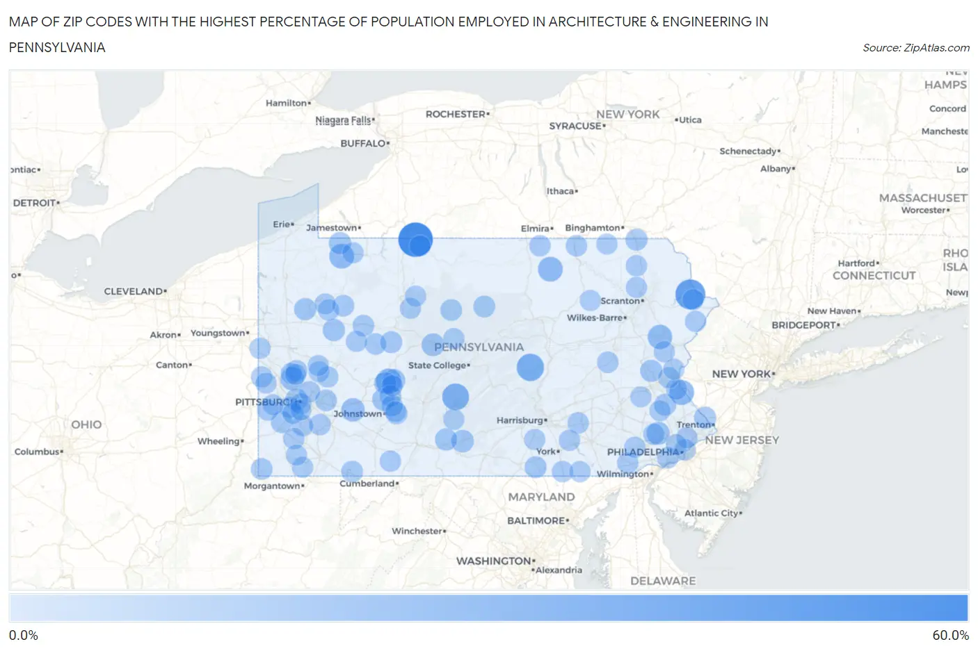 Zip Codes with the Highest Percentage of Population Employed in Architecture & Engineering in Pennsylvania Map