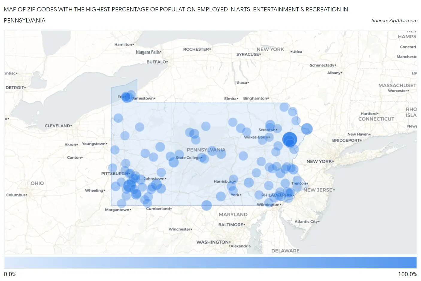 Zip Codes with the Highest Percentage of Population Employed in Arts, Entertainment & Recreation in Pennsylvania Map