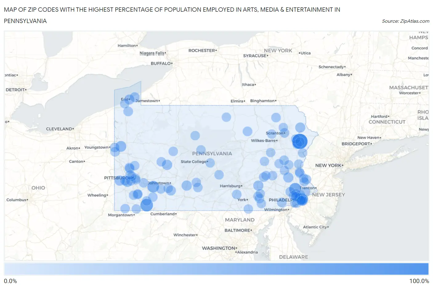 Zip Codes with the Highest Percentage of Population Employed in Arts, Media & Entertainment in Pennsylvania Map
