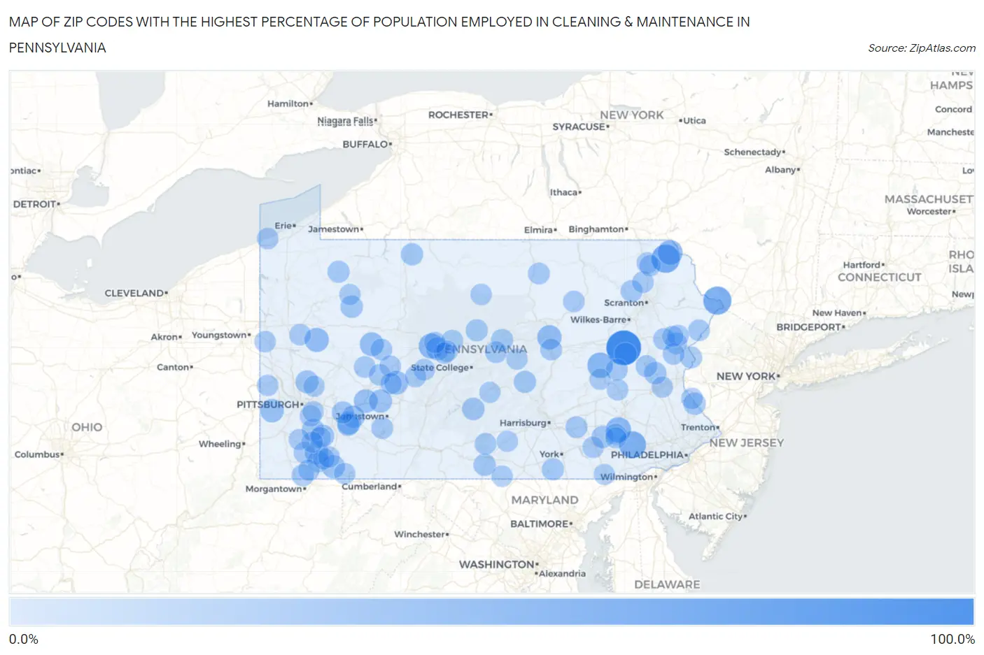 Zip Codes with the Highest Percentage of Population Employed in Cleaning & Maintenance in Pennsylvania Map