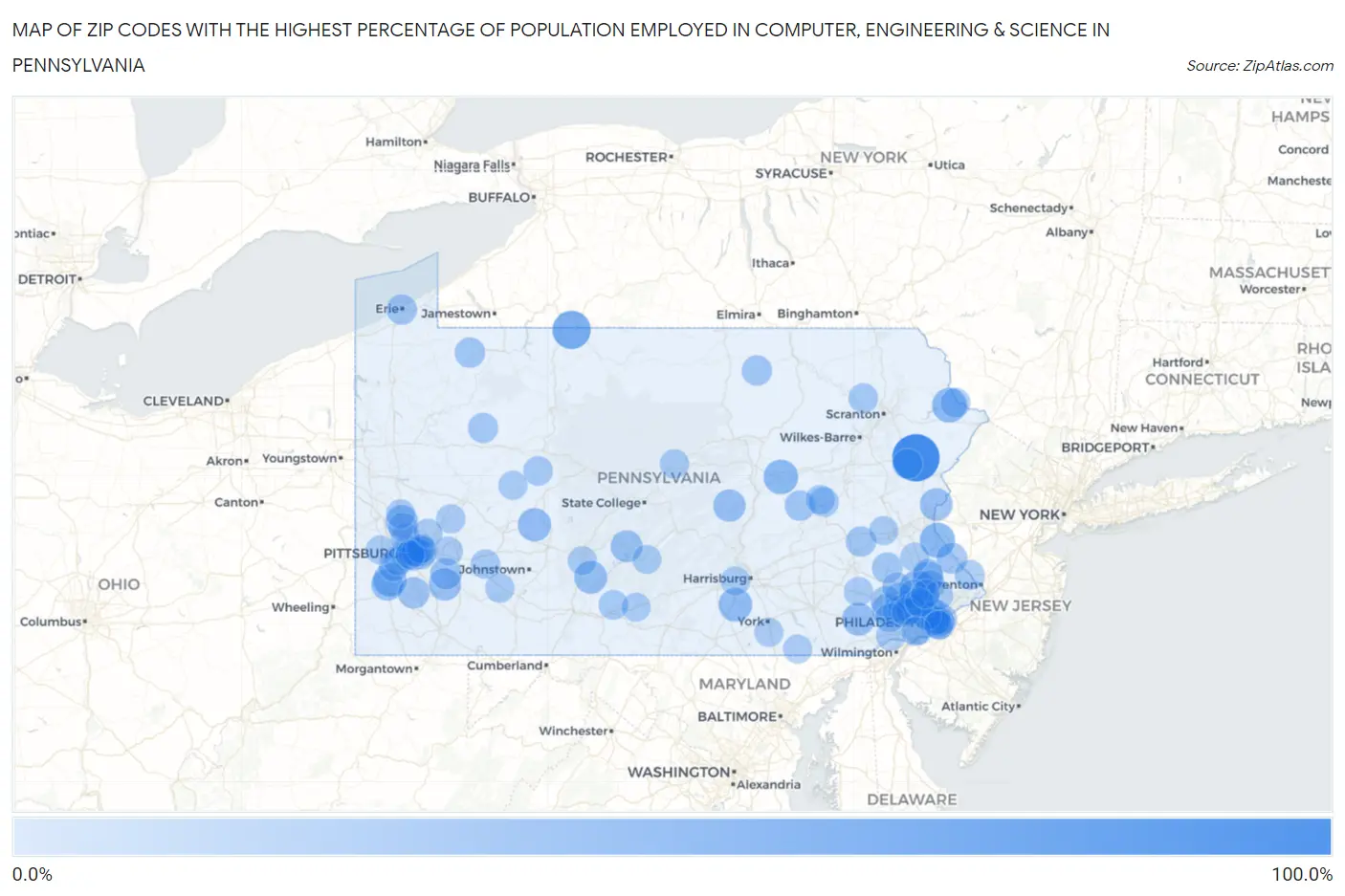 Zip Codes with the Highest Percentage of Population Employed in Computer, Engineering & Science in Pennsylvania Map