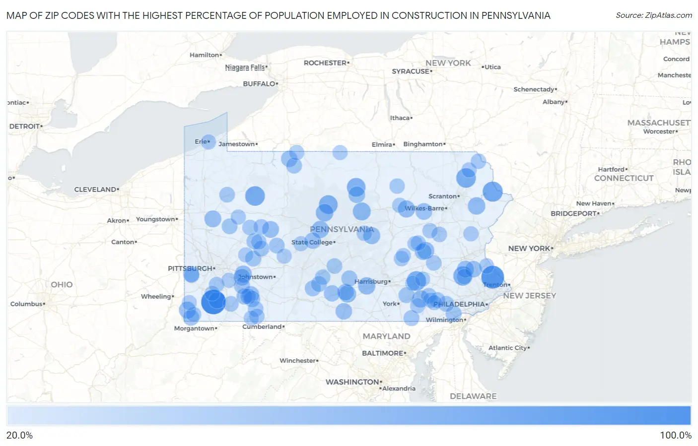 Zip Codes with the Highest Percentage of Population Employed in Construction in Pennsylvania Map
