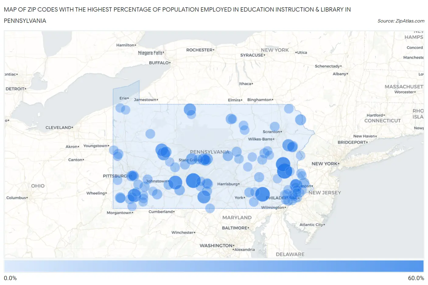 Zip Codes with the Highest Percentage of Population Employed in Education Instruction & Library in Pennsylvania Map