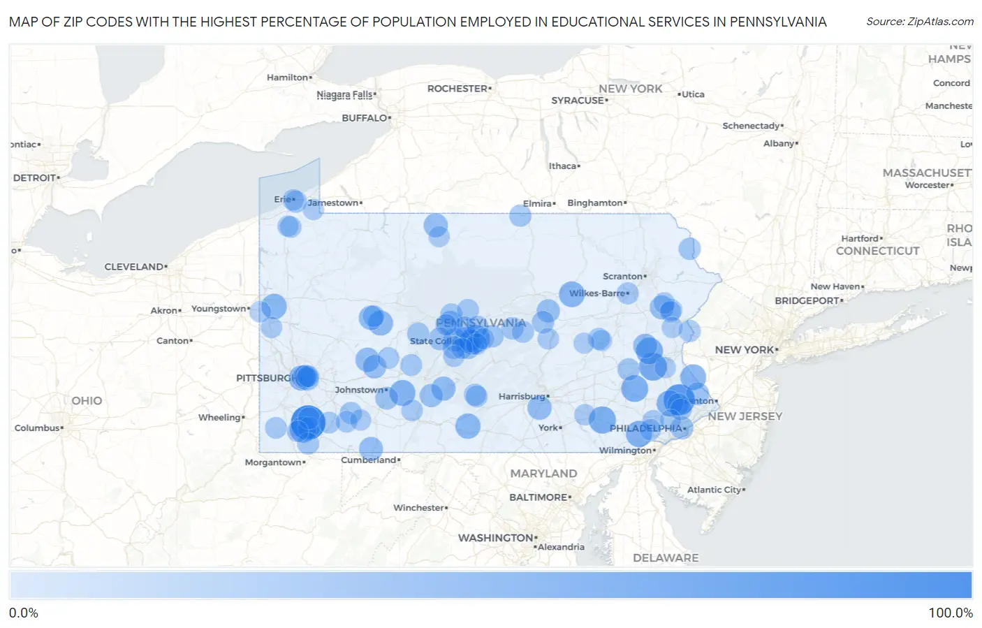 Zip Codes with the Highest Percentage of Population Employed in Educational Services in Pennsylvania Map