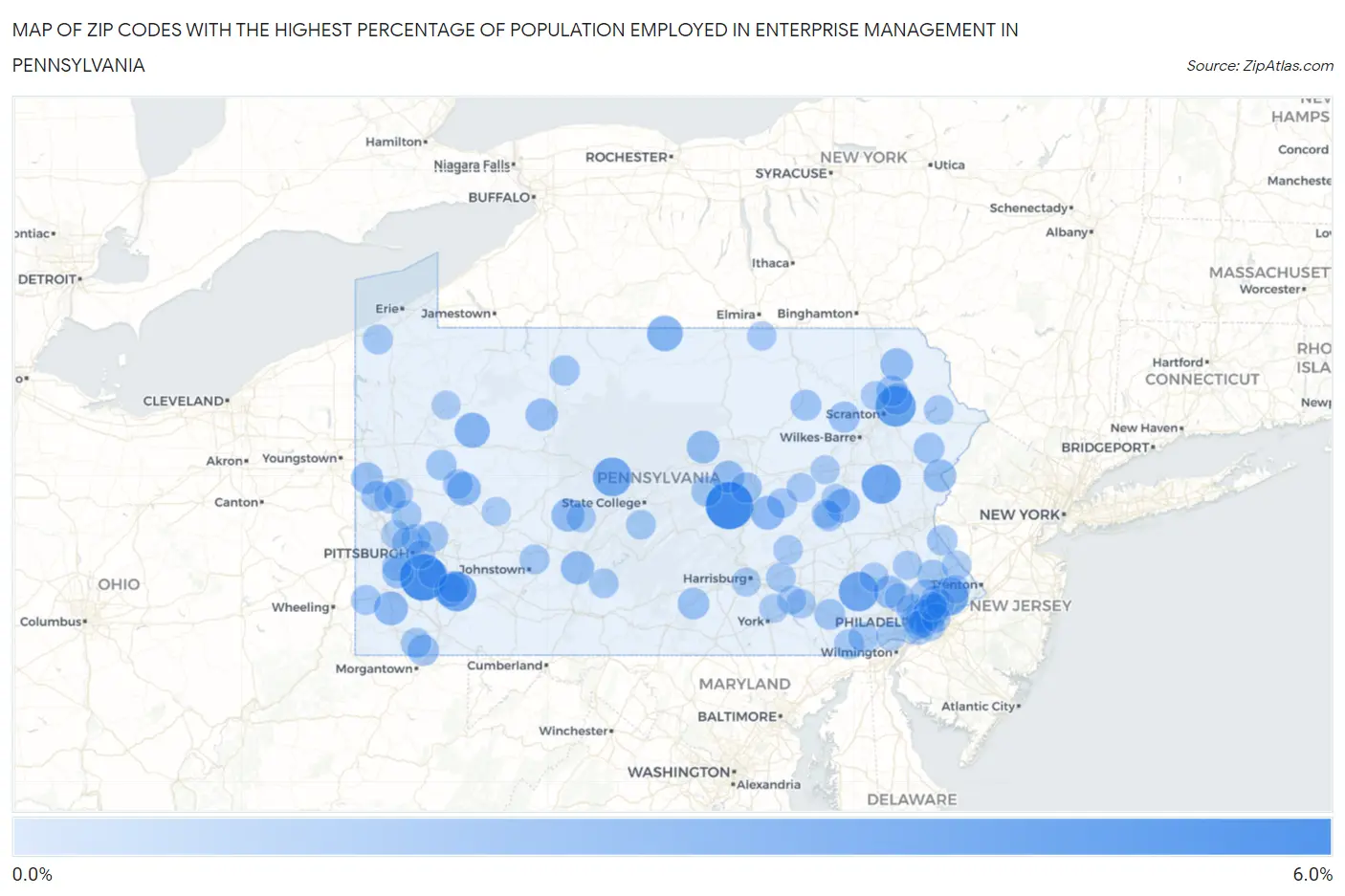 Zip Codes with the Highest Percentage of Population Employed in Enterprise Management in Pennsylvania Map