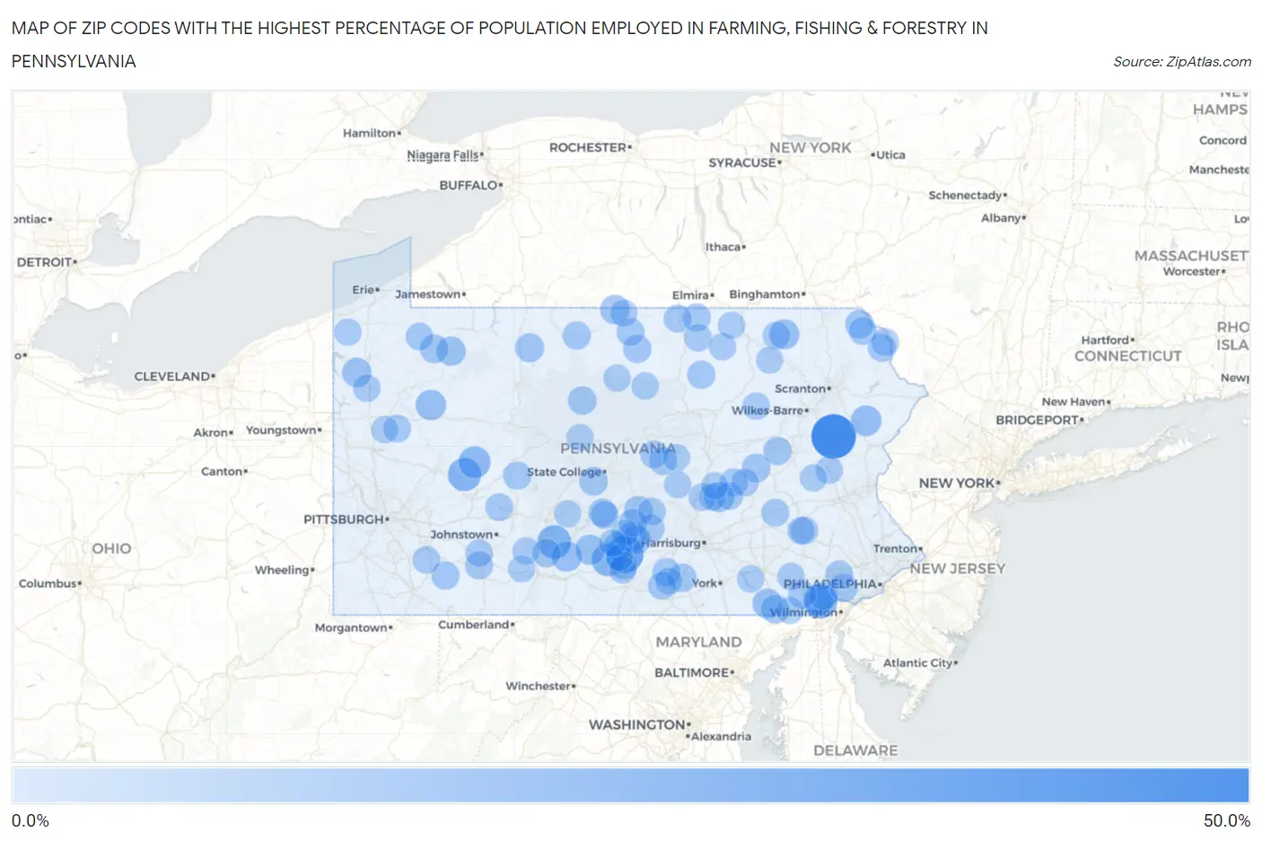 Zip Codes with the Highest Percentage of Population Employed in Farming, Fishing & Forestry in Pennsylvania Map