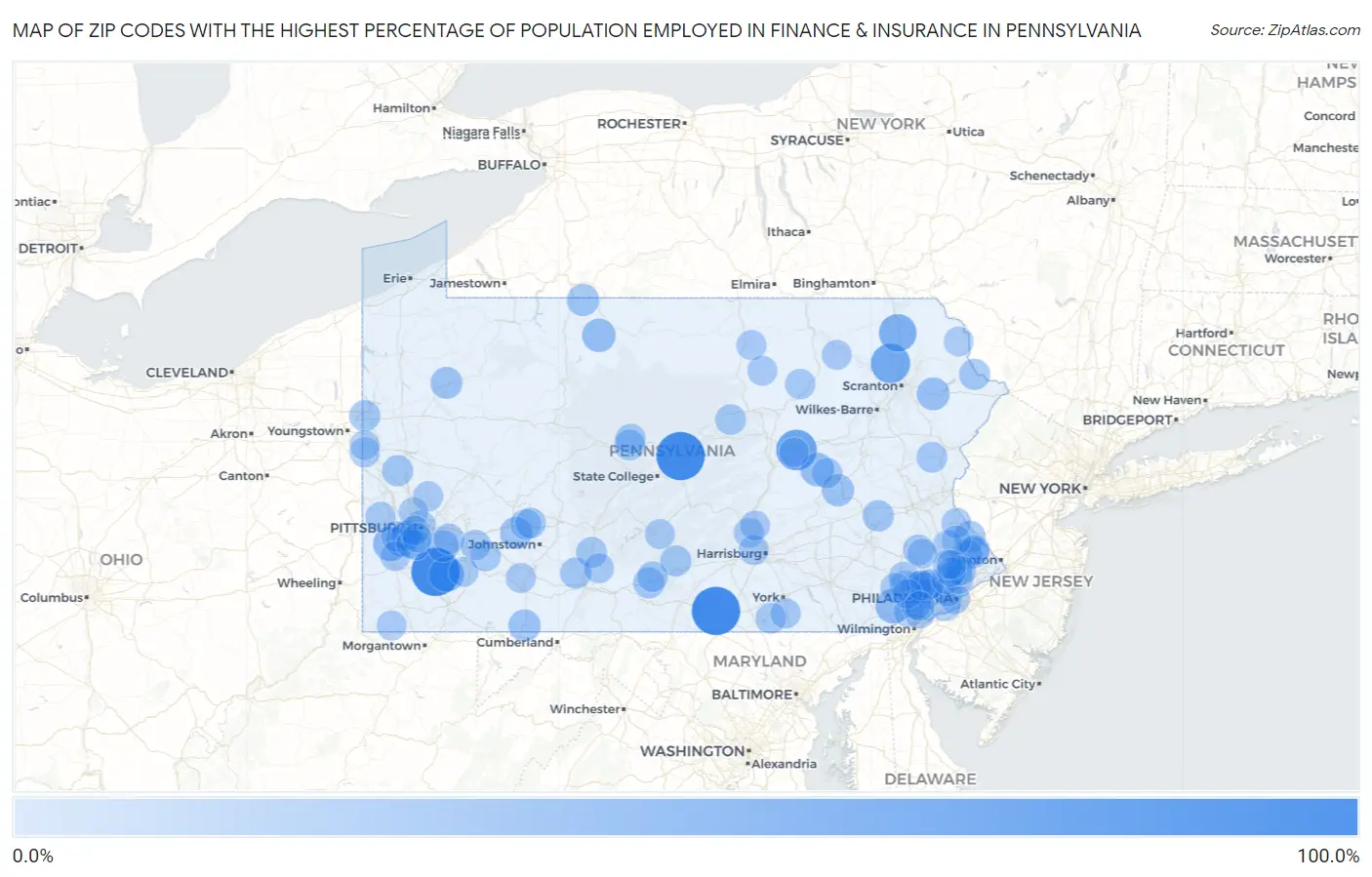 Zip Codes with the Highest Percentage of Population Employed in Finance & Insurance in Pennsylvania Map