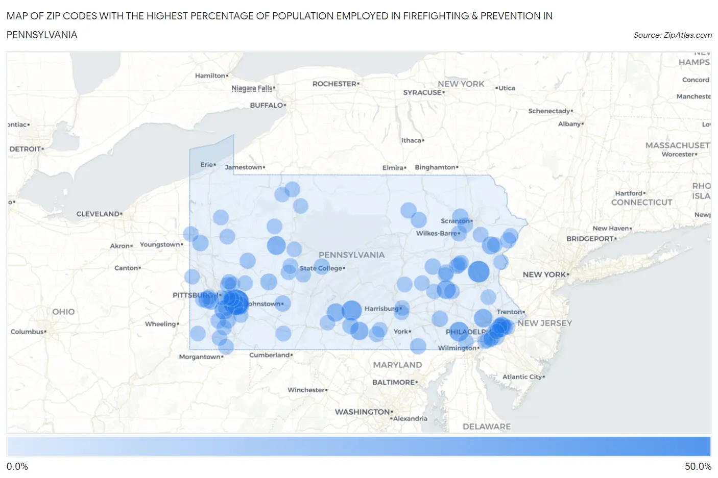 Zip Codes with the Highest Percentage of Population Employed in Firefighting & Prevention in Pennsylvania Map