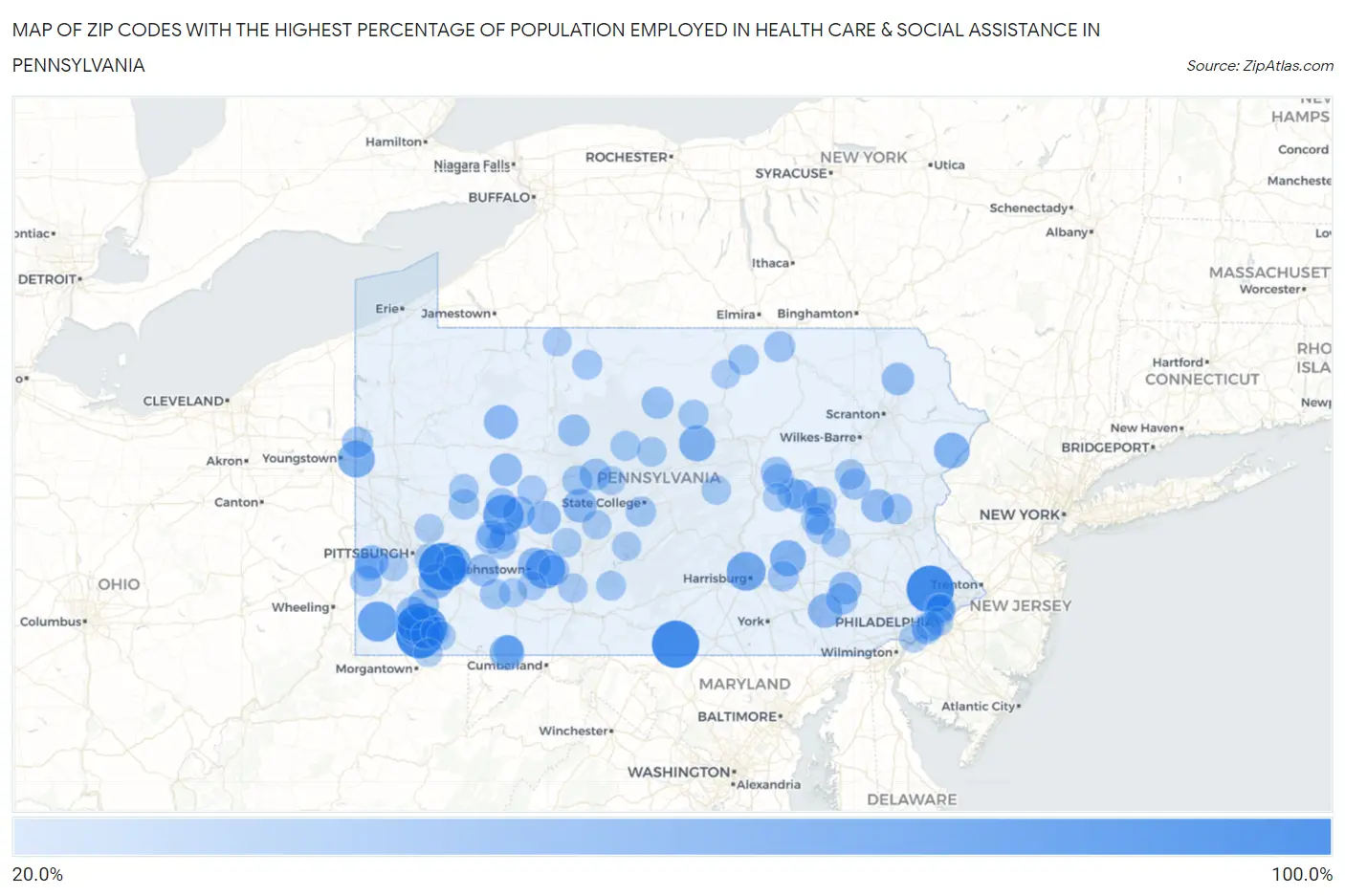 Zip Codes with the Highest Percentage of Population Employed in Health Care & Social Assistance in Pennsylvania Map