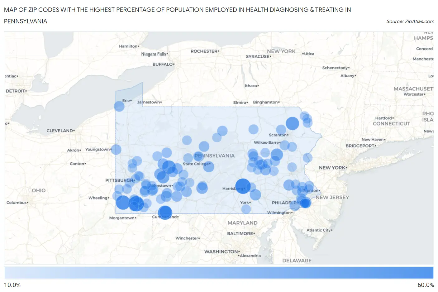 Zip Codes with the Highest Percentage of Population Employed in Health Diagnosing & Treating in Pennsylvania Map