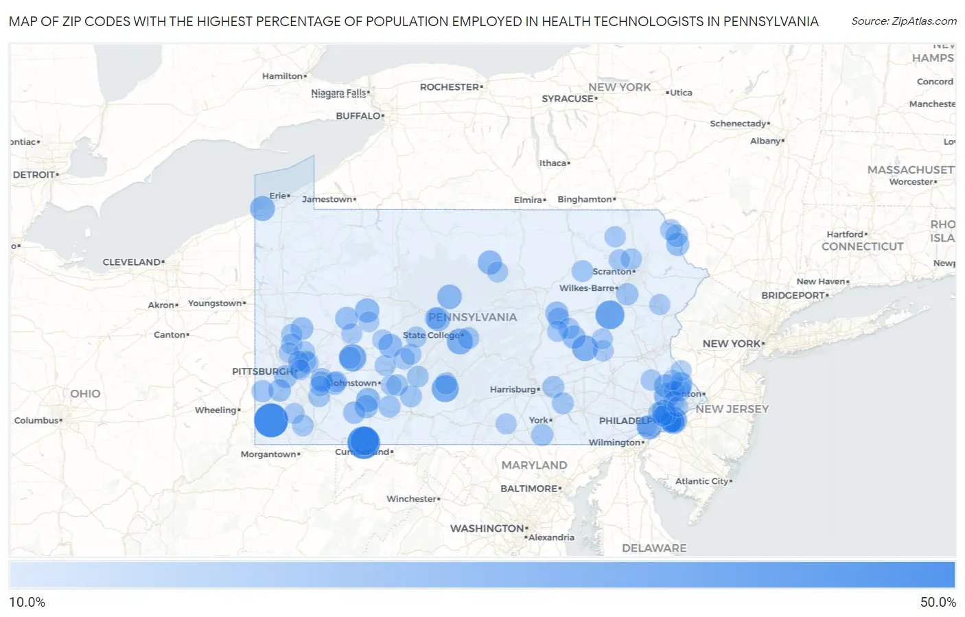 Zip Codes with the Highest Percentage of Population Employed in Health Technologists in Pennsylvania Map