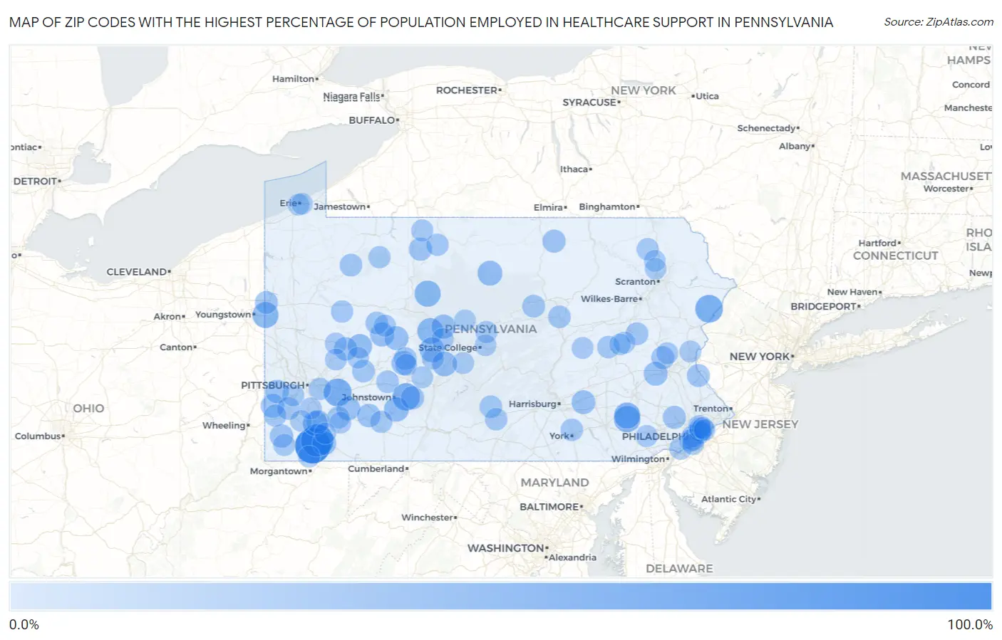 Zip Codes with the Highest Percentage of Population Employed in Healthcare Support in Pennsylvania Map