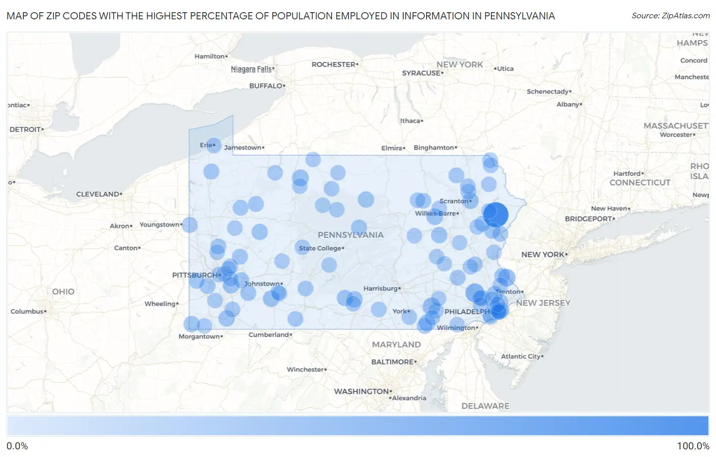 Zip Codes with the Highest Percentage of Population Employed in Information in Pennsylvania Map