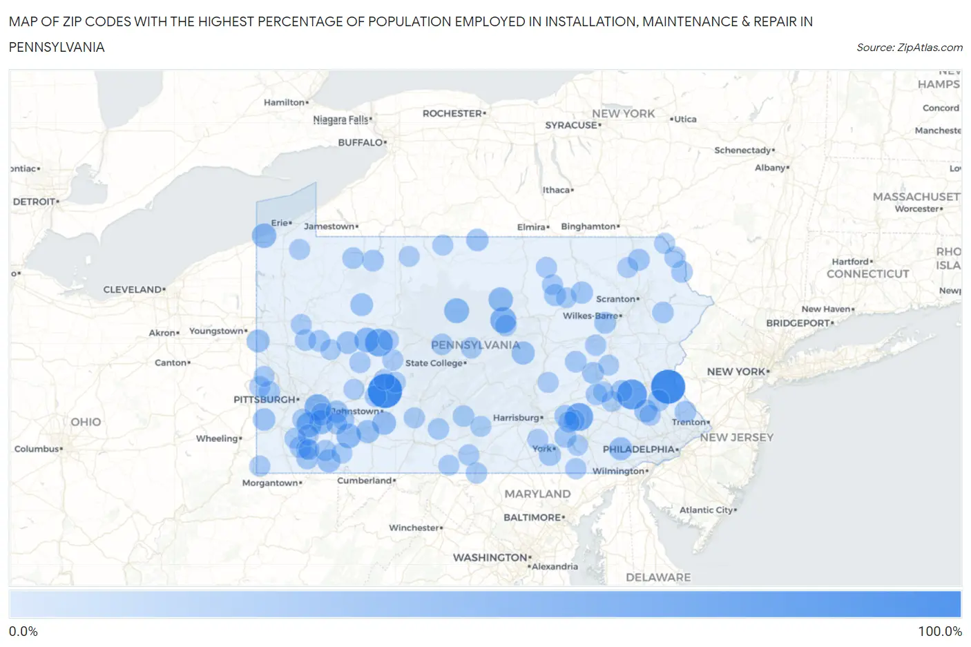 Zip Codes with the Highest Percentage of Population Employed in Installation, Maintenance & Repair in Pennsylvania Map