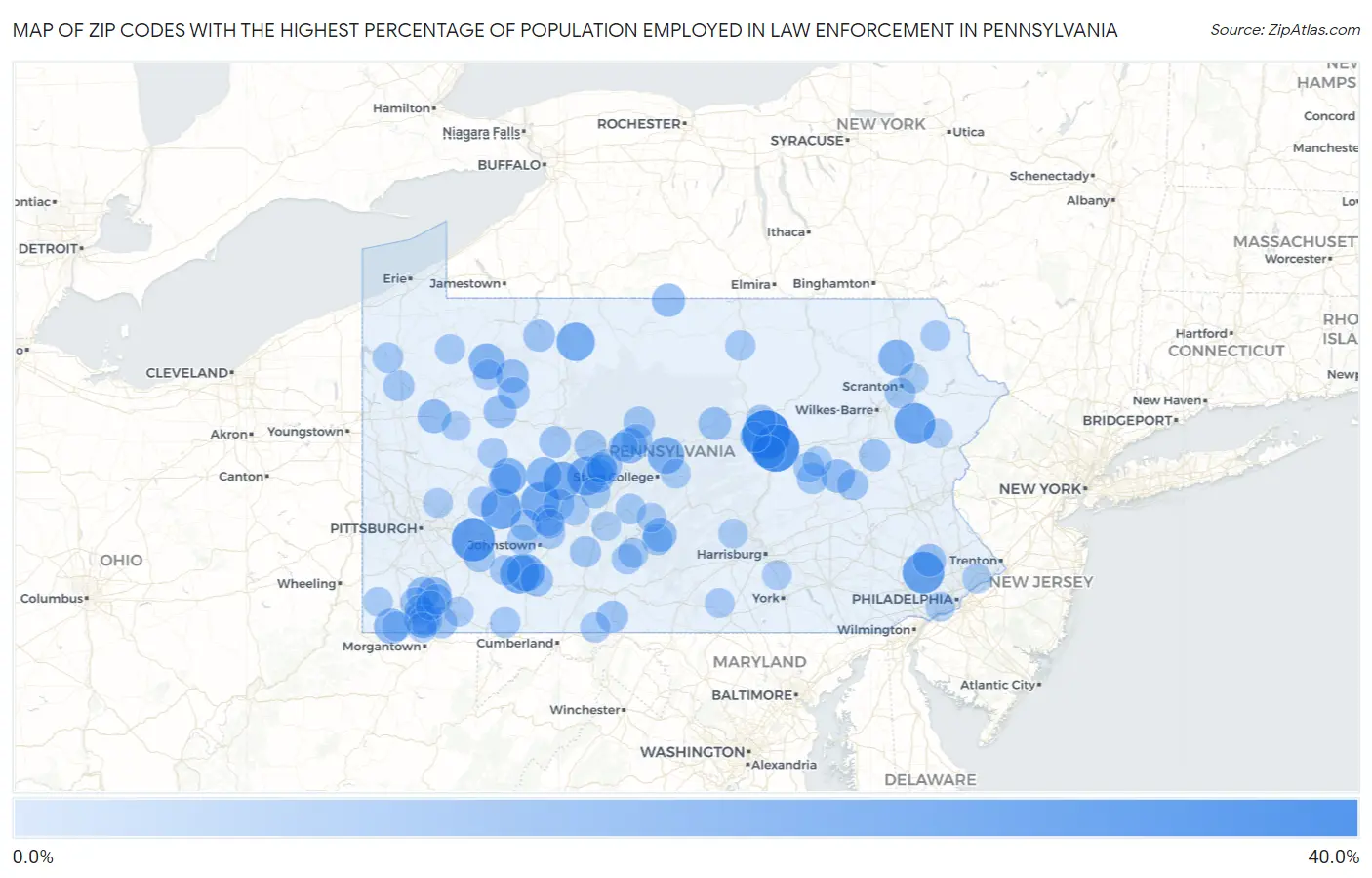 Zip Codes with the Highest Percentage of Population Employed in Law Enforcement in Pennsylvania Map