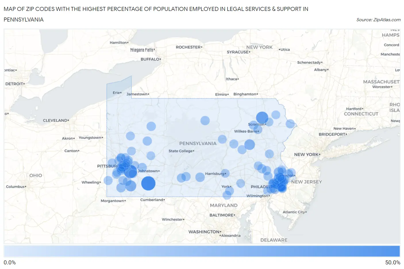 Zip Codes with the Highest Percentage of Population Employed in Legal Services & Support in Pennsylvania Map