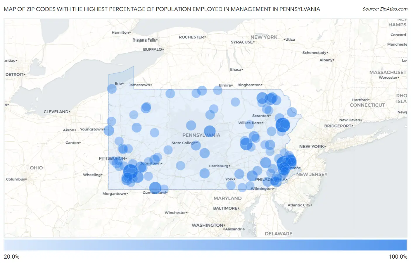 Zip Codes with the Highest Percentage of Population Employed in Management in Pennsylvania Map