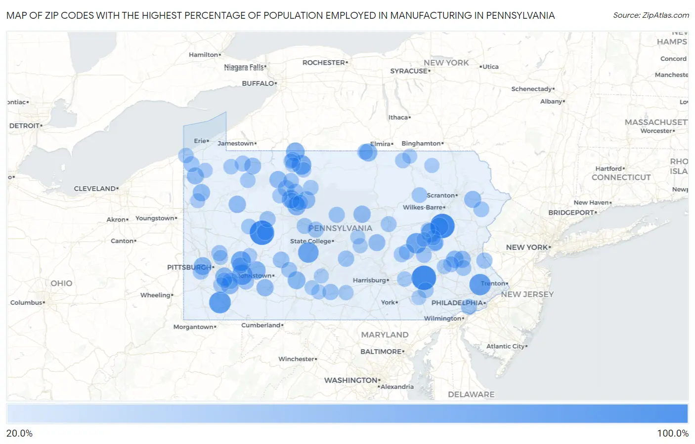 Zip Codes with the Highest Percentage of Population Employed in Manufacturing in Pennsylvania Map