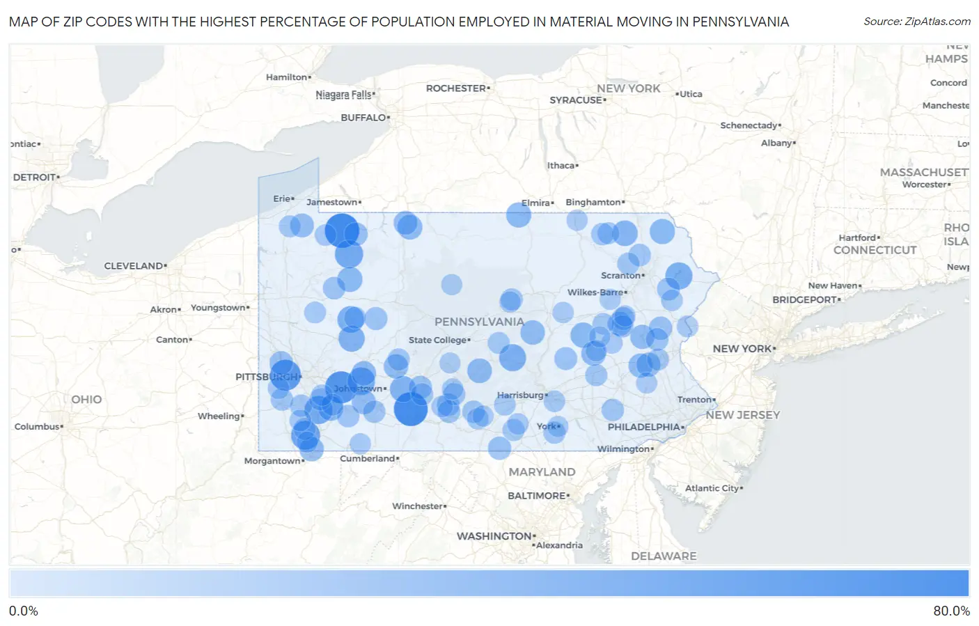 Zip Codes with the Highest Percentage of Population Employed in Material Moving in Pennsylvania Map