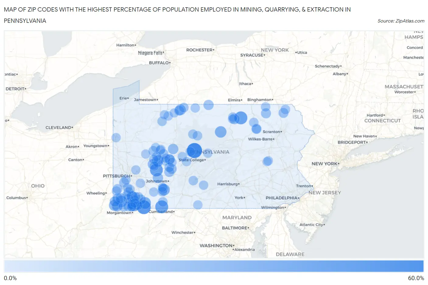 Zip Codes with the Highest Percentage of Population Employed in Mining, Quarrying, & Extraction in Pennsylvania Map