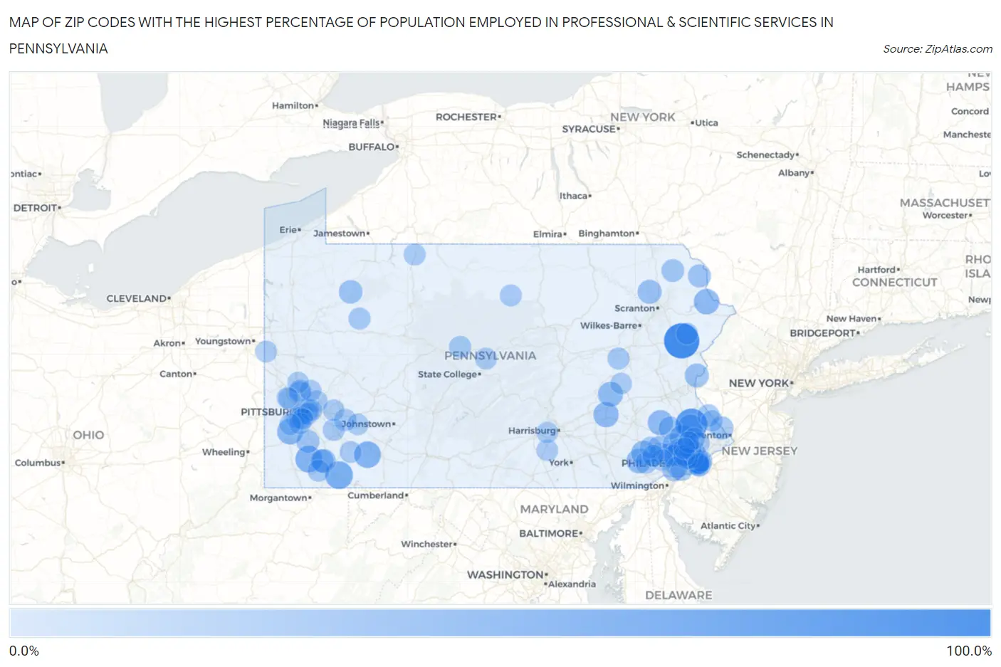 Zip Codes with the Highest Percentage of Population Employed in Professional & Scientific Services in Pennsylvania Map