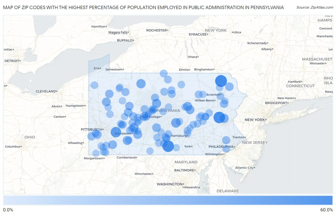 Zip Codes with the Highest Percentage of Population Employed in Public Administration in Pennsylvania Map