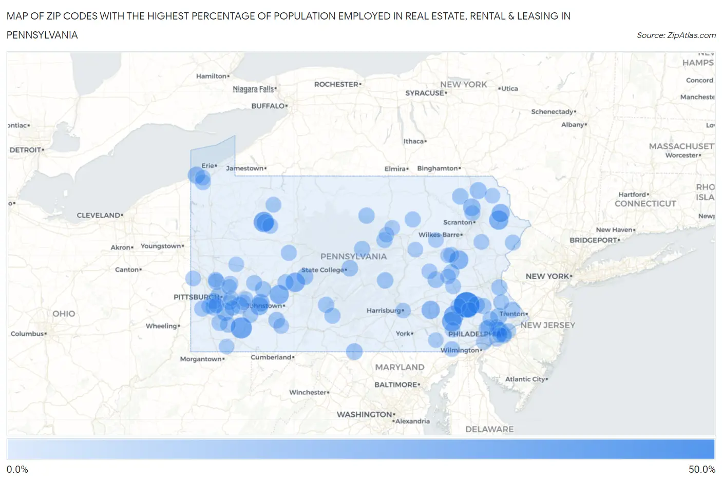 Zip Codes with the Highest Percentage of Population Employed in Real Estate, Rental & Leasing in Pennsylvania Map