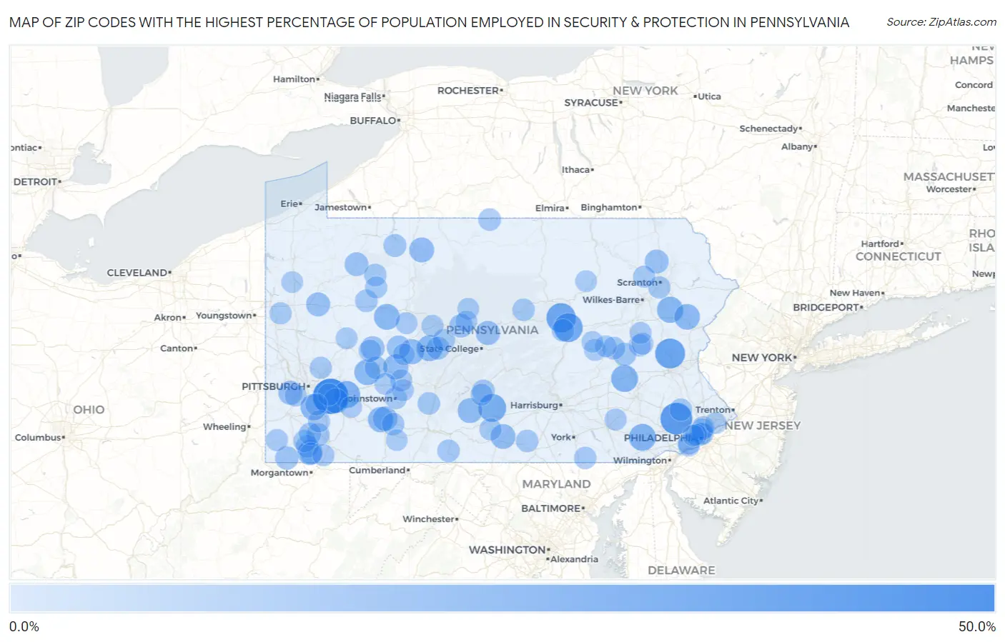 Zip Codes with the Highest Percentage of Population Employed in Security & Protection in Pennsylvania Map