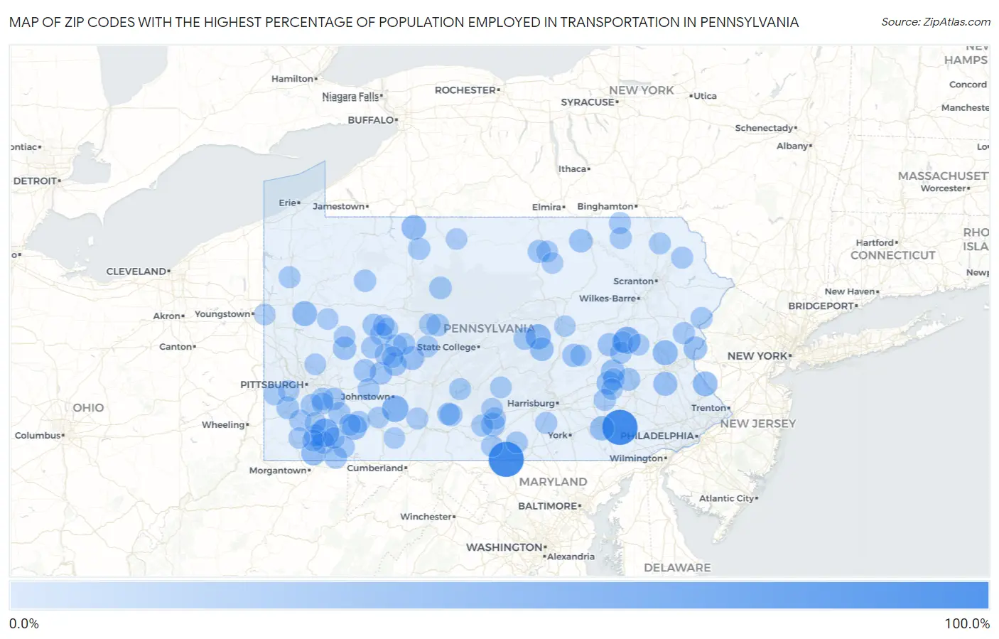 Zip Codes with the Highest Percentage of Population Employed in Transportation in Pennsylvania Map