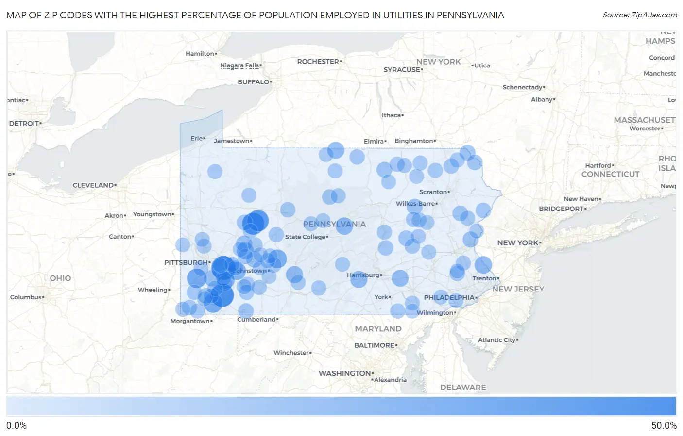 Zip Codes with the Highest Percentage of Population Employed in Utilities in Pennsylvania Map
