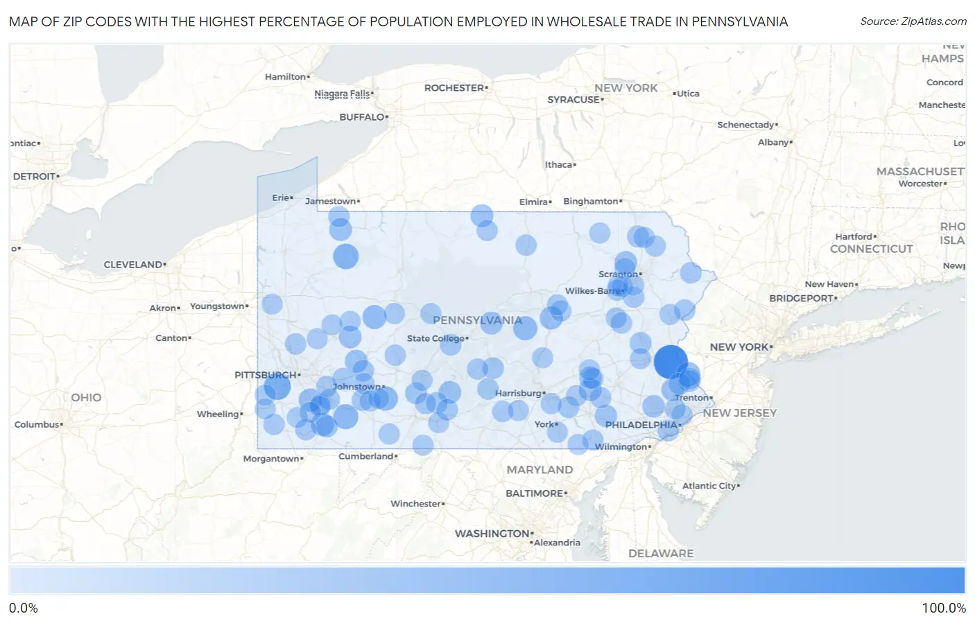 Zip Codes with the Highest Percentage of Population Employed in Wholesale Trade in Pennsylvania Map