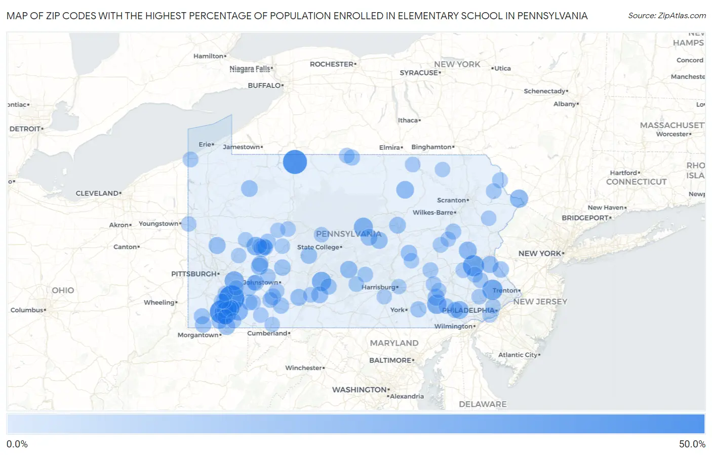 Zip Codes with the Highest Percentage of Population Enrolled in Elementary School in Pennsylvania Map