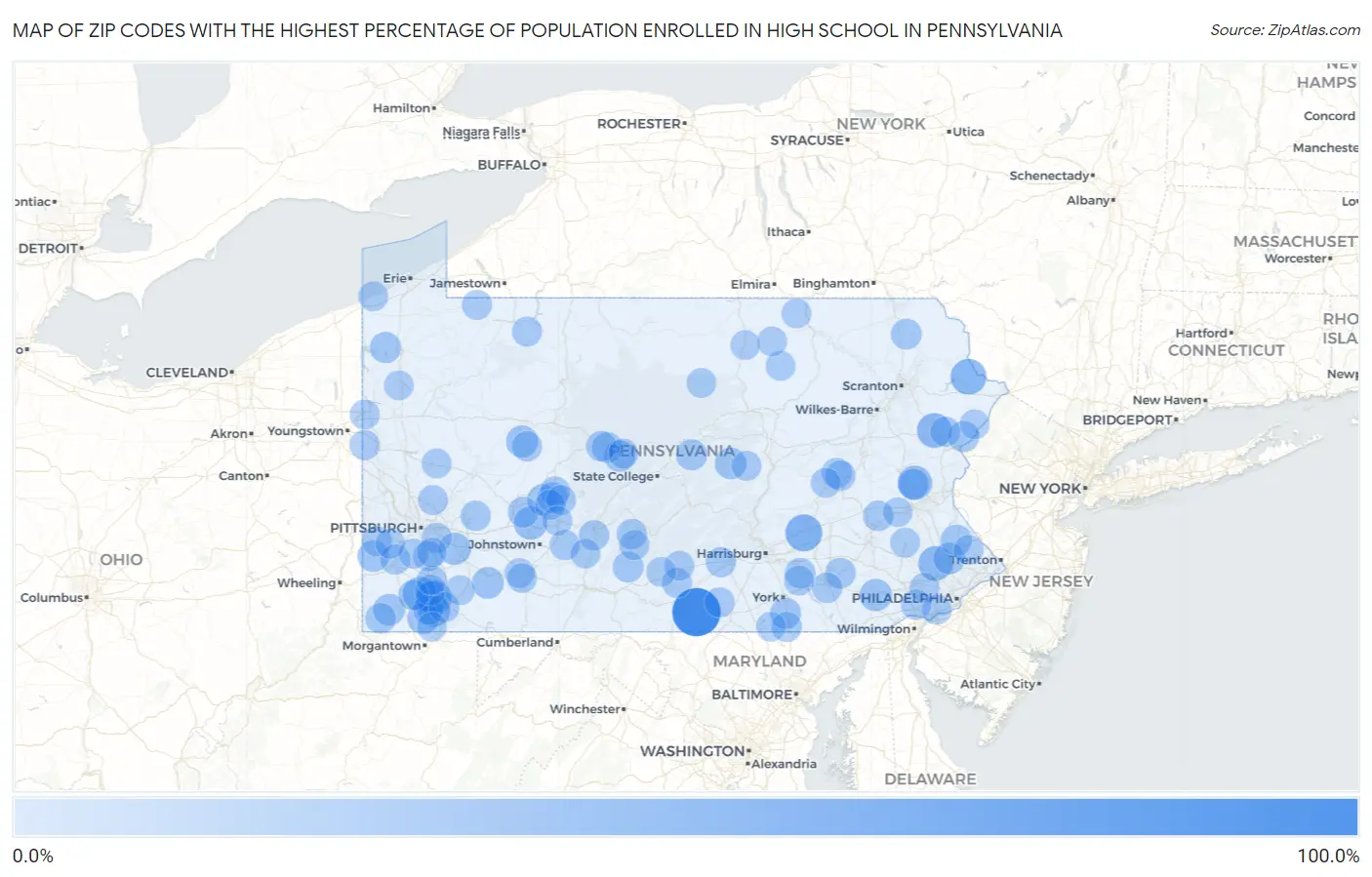 Zip Codes with the Highest Percentage of Population Enrolled in High School in Pennsylvania Map